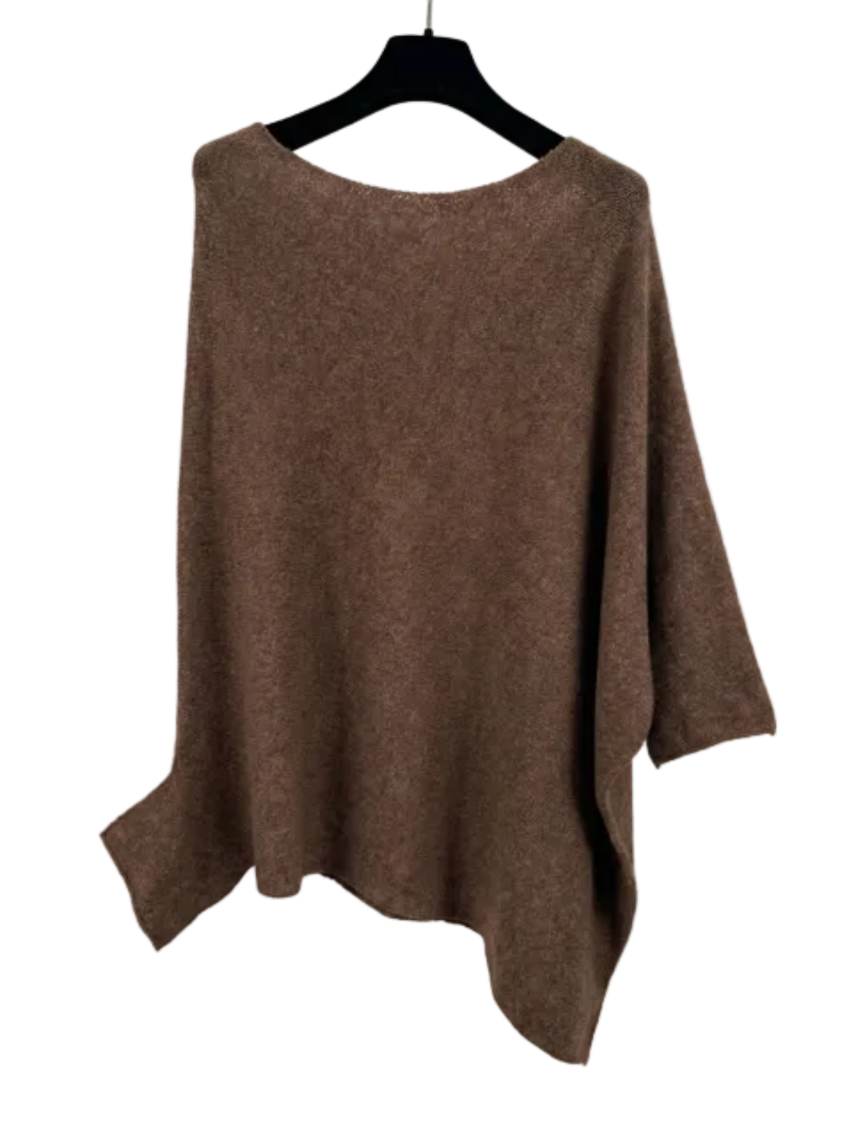 Brown sweater on a hanger against a white background