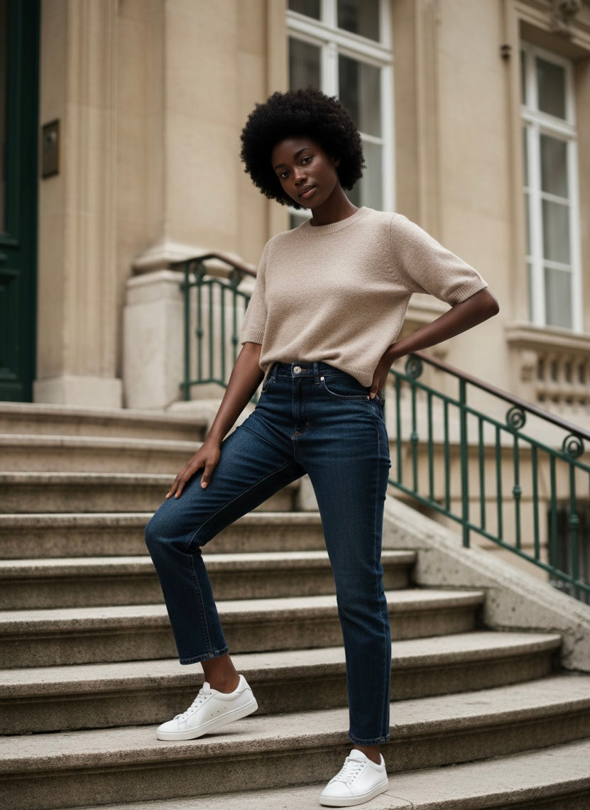 Woman in a beige sweater and dark jeans standing on stone steps in an urban setting