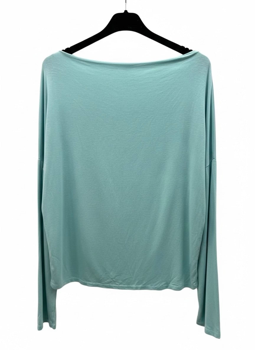 Light blue long-sleeve top on a hanger against a white background