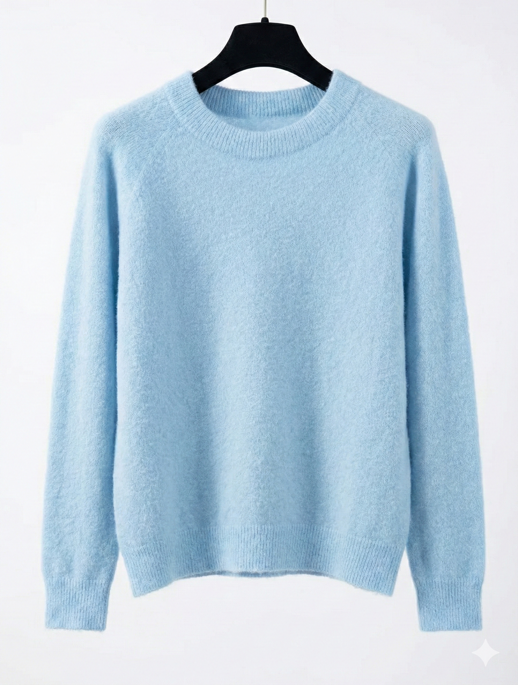 Light blue sweater on a hanger against a white background
