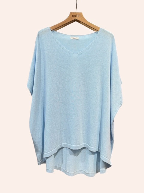 Light blue sweater on a wooden hanger against a white background