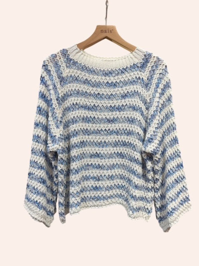 Blue and white striped sweater on a hanger against a white background