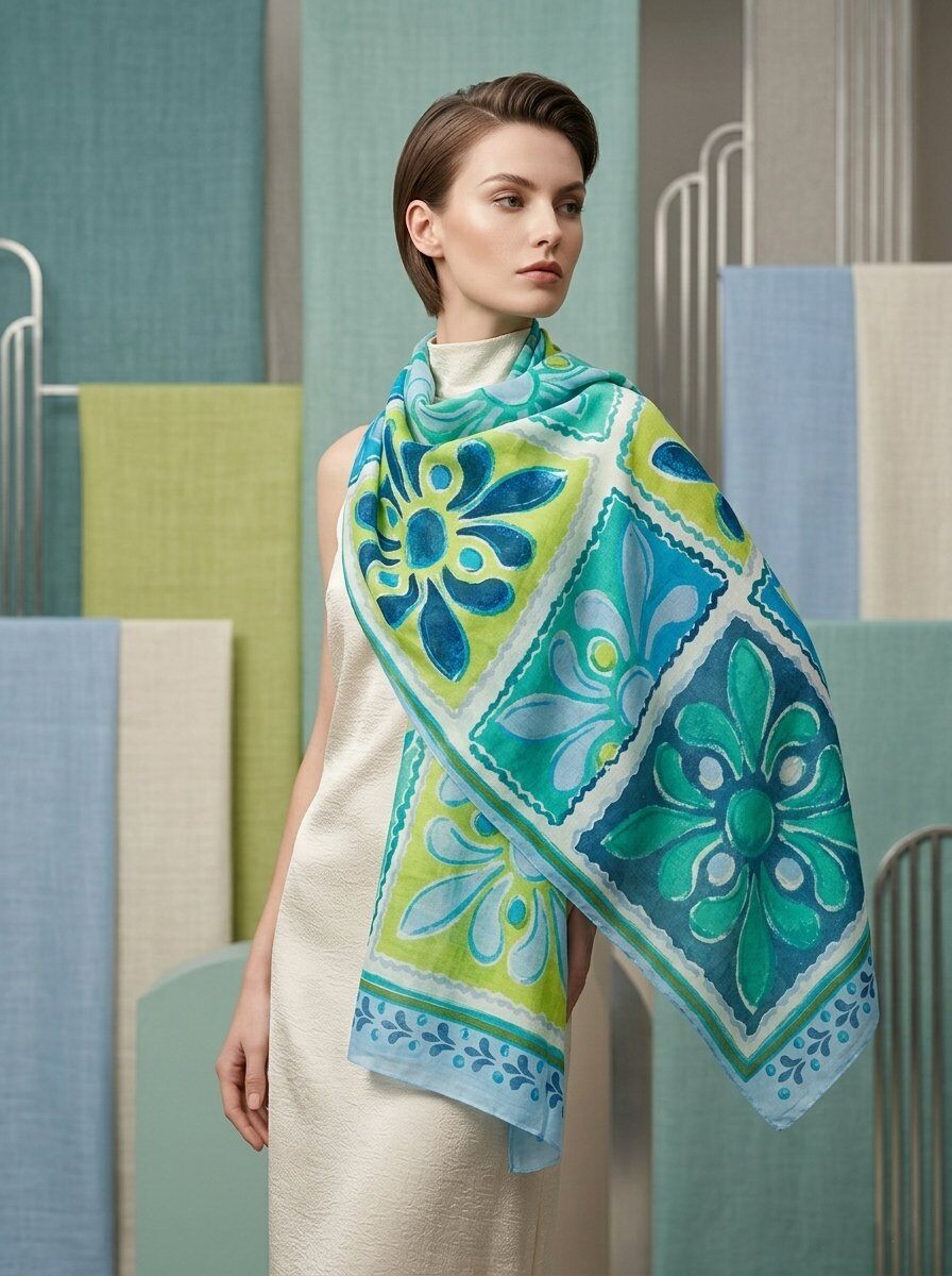 Woman wearing a colorful floral scarf in a modern interior setting