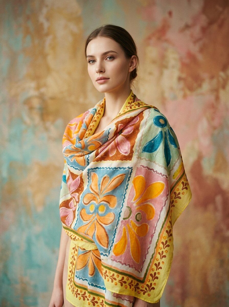 Woman wearing a colorful floral-patterned scarf against a textured wall.