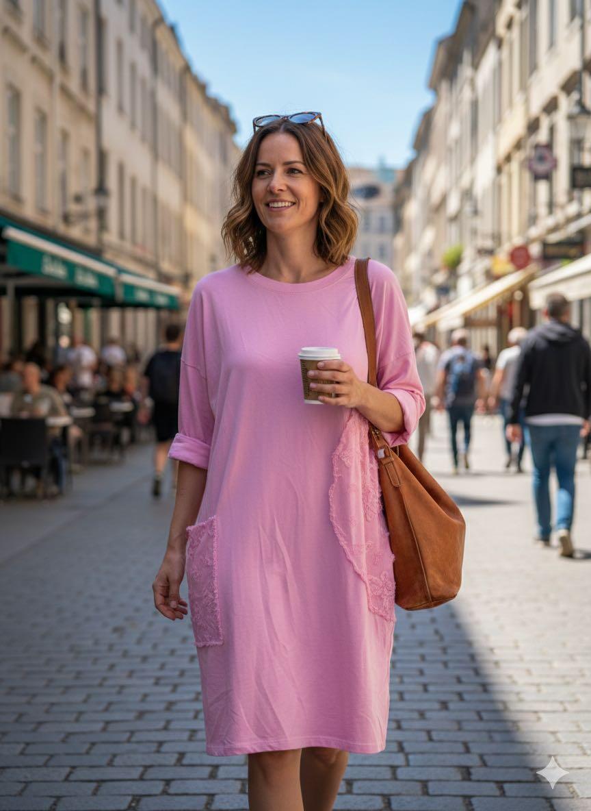 Woman in a pink dress holding a coffee cup on a city street