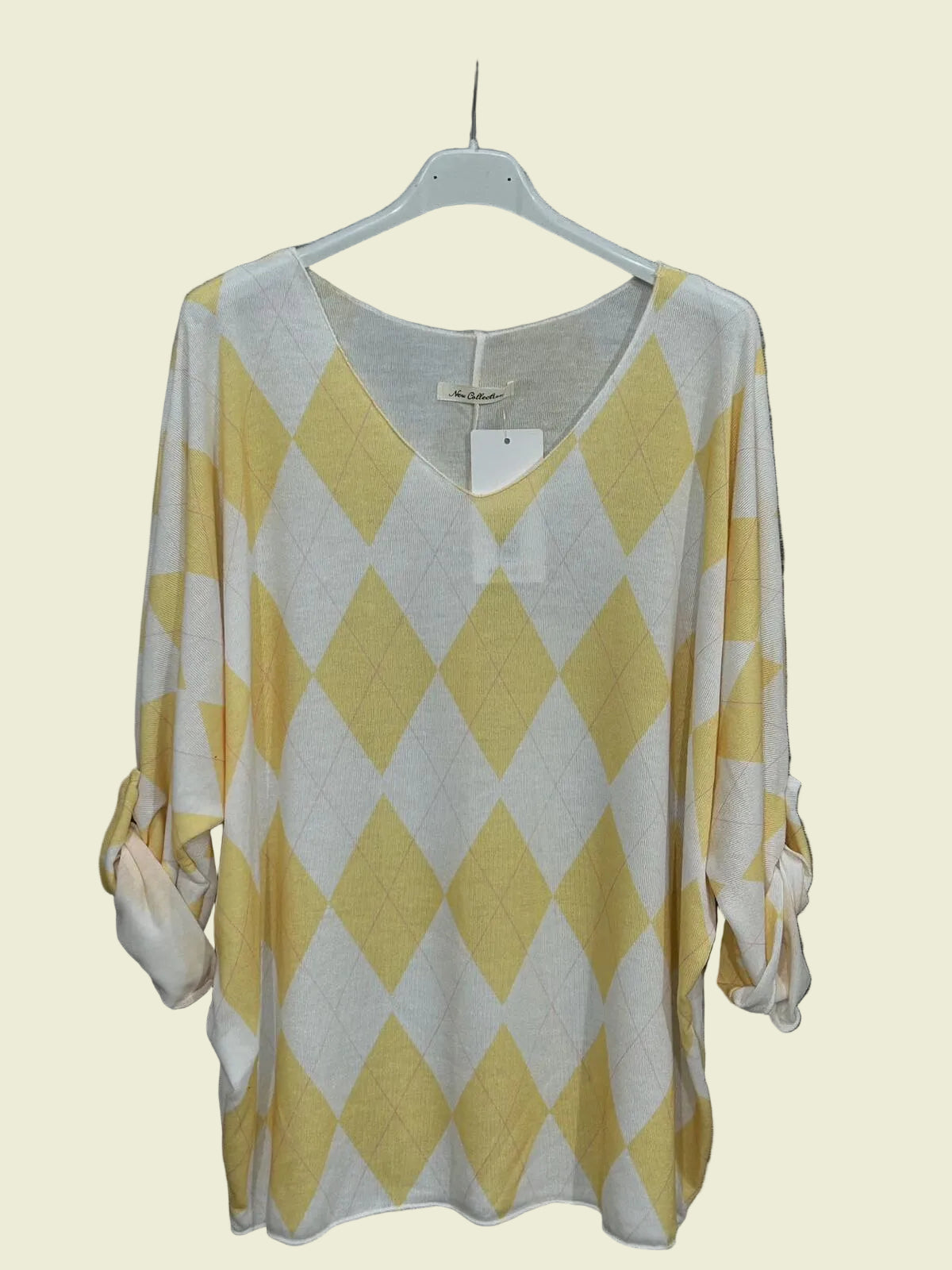 Yellow and white diamond patterned top