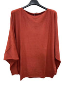 Brown sweater on a hanger against a white background