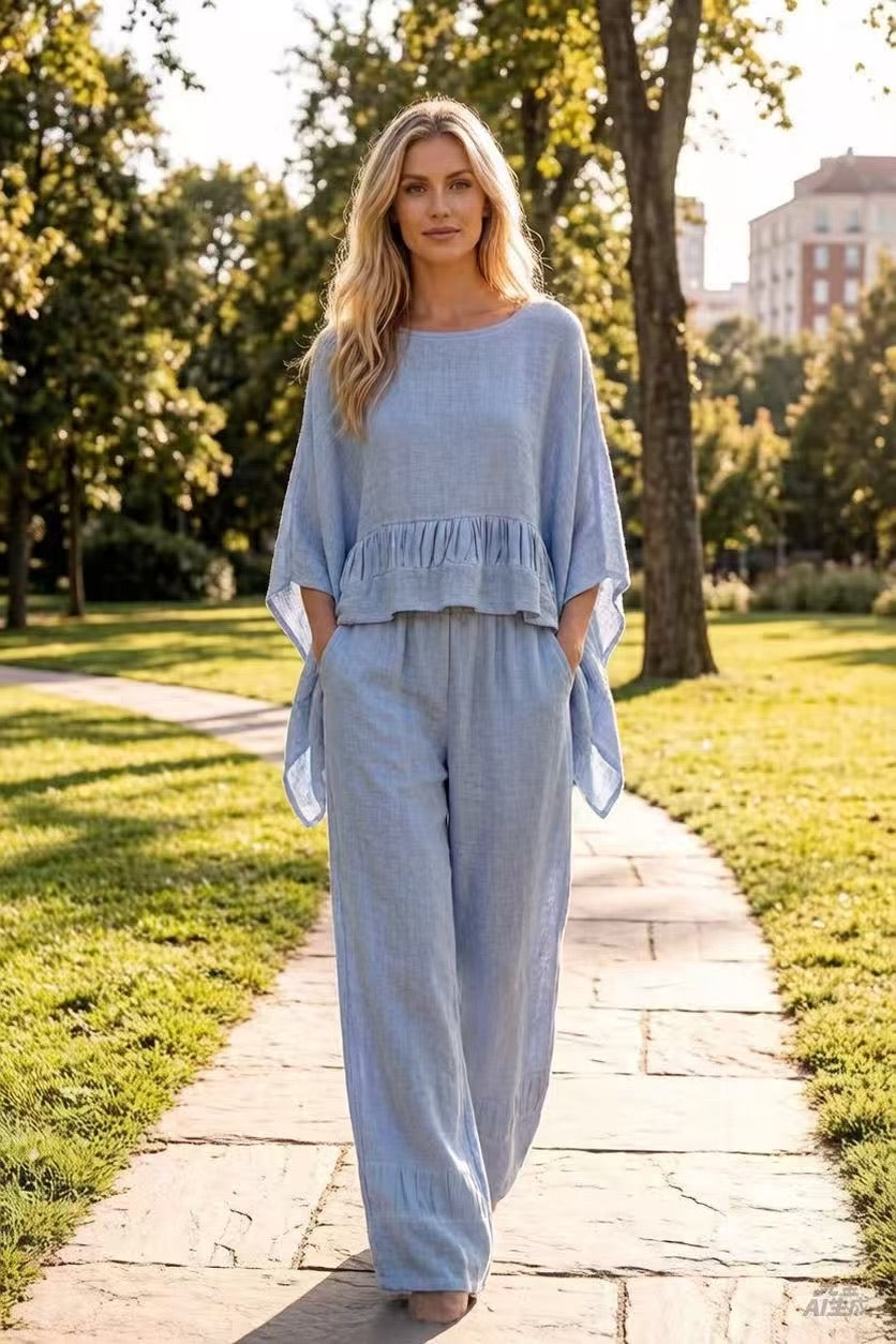 Linen mix top in blue jeans
