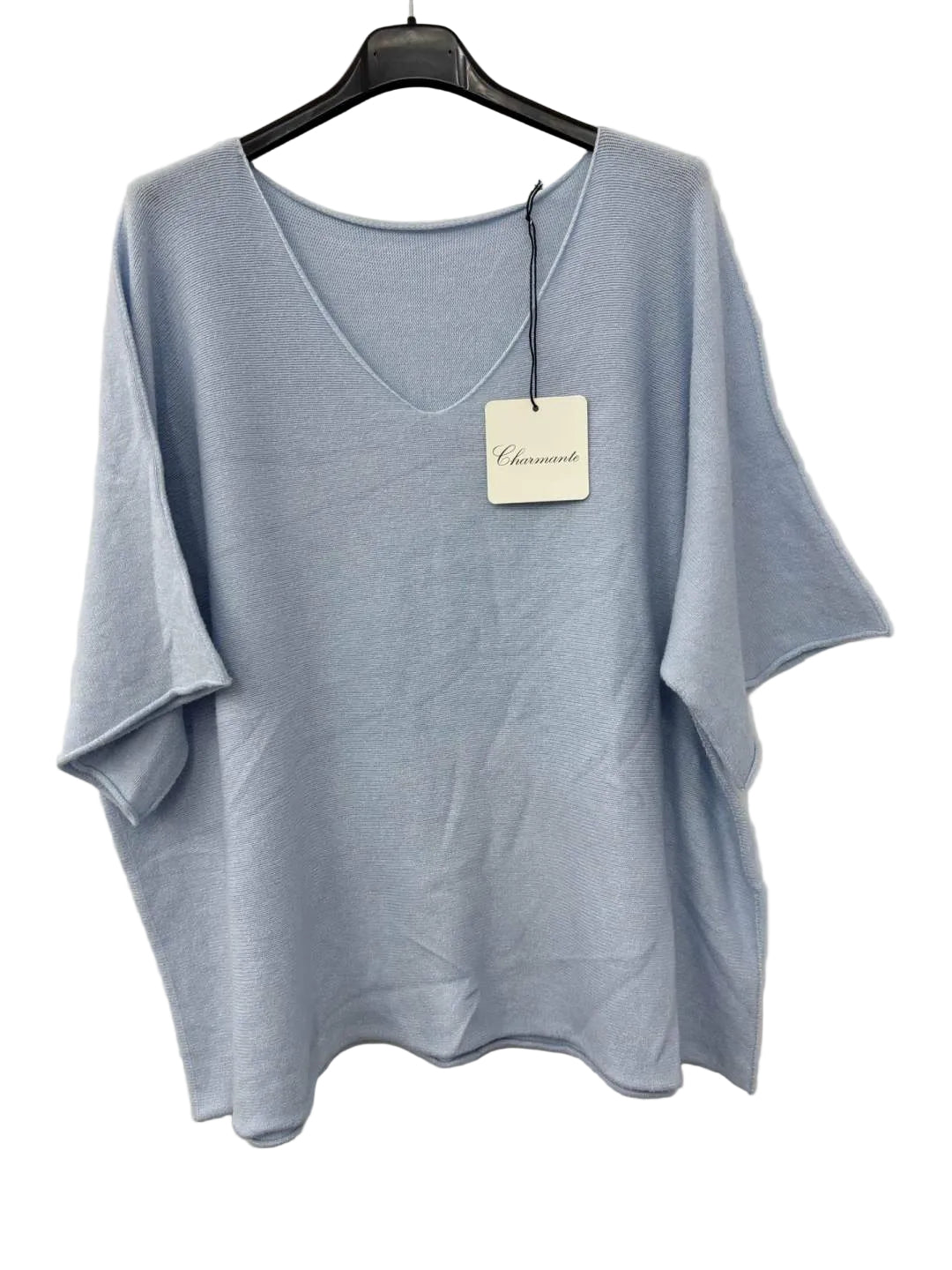 Light blue v neck sweater on a hanger with a tag against a beige background