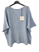 Light blue v neck sweater on a hanger with a tag against a beige background