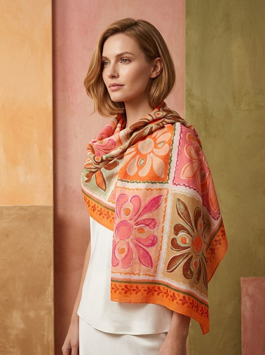 Woman wearing a colorful floral patterned scarf against a multicolored wall.