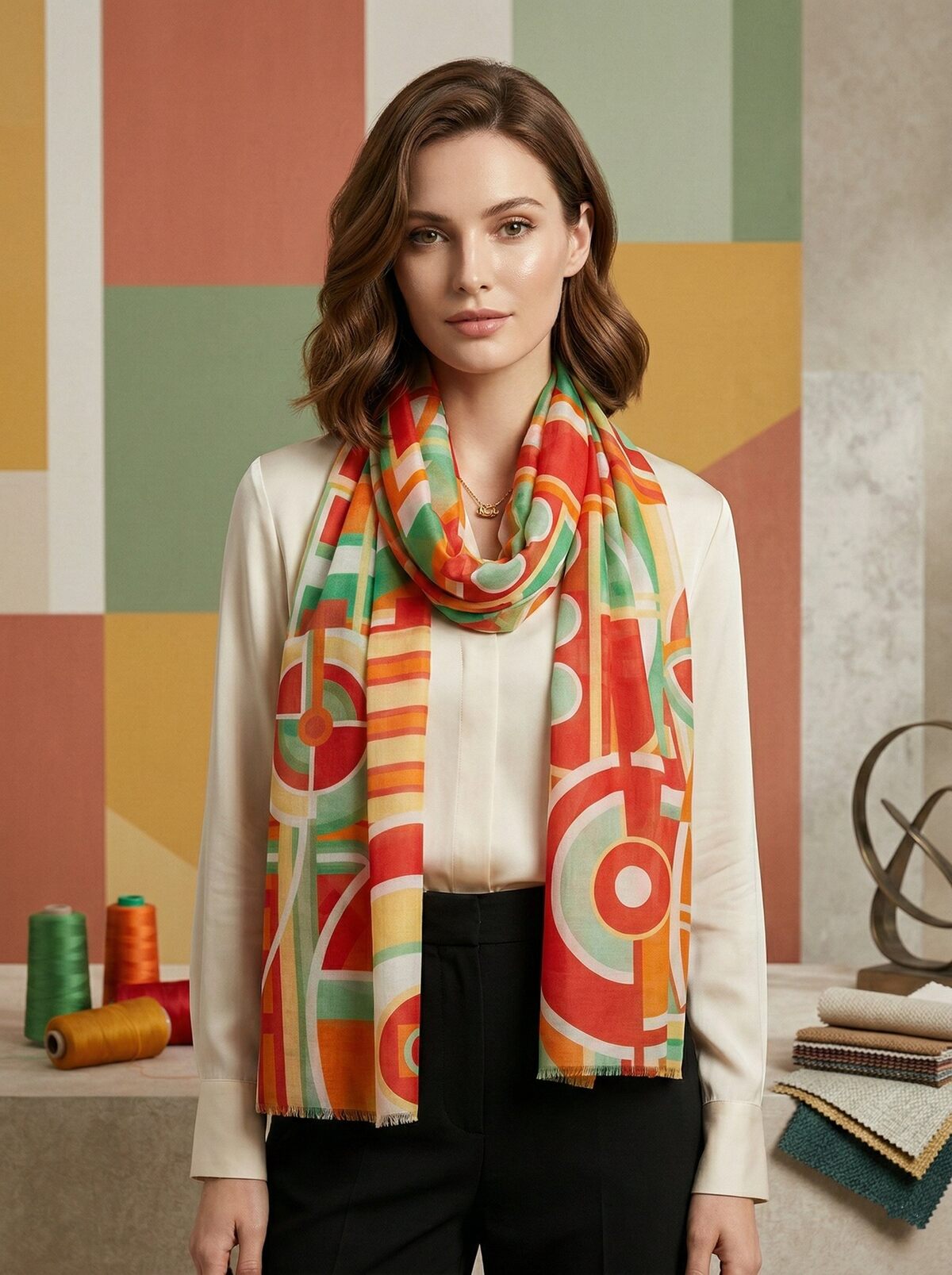Woman wearing a colorful scarf in front of a multicolored geometric wall.
