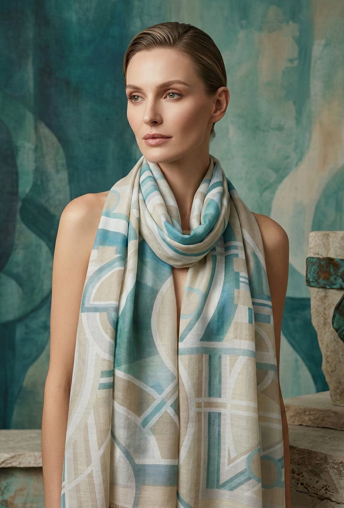 Woman wearing a patterned scarf against a textured teal background