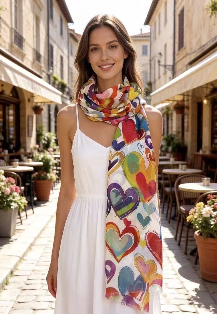 Woman wearing a colorful heart-patterned scarf in an outdoor setting