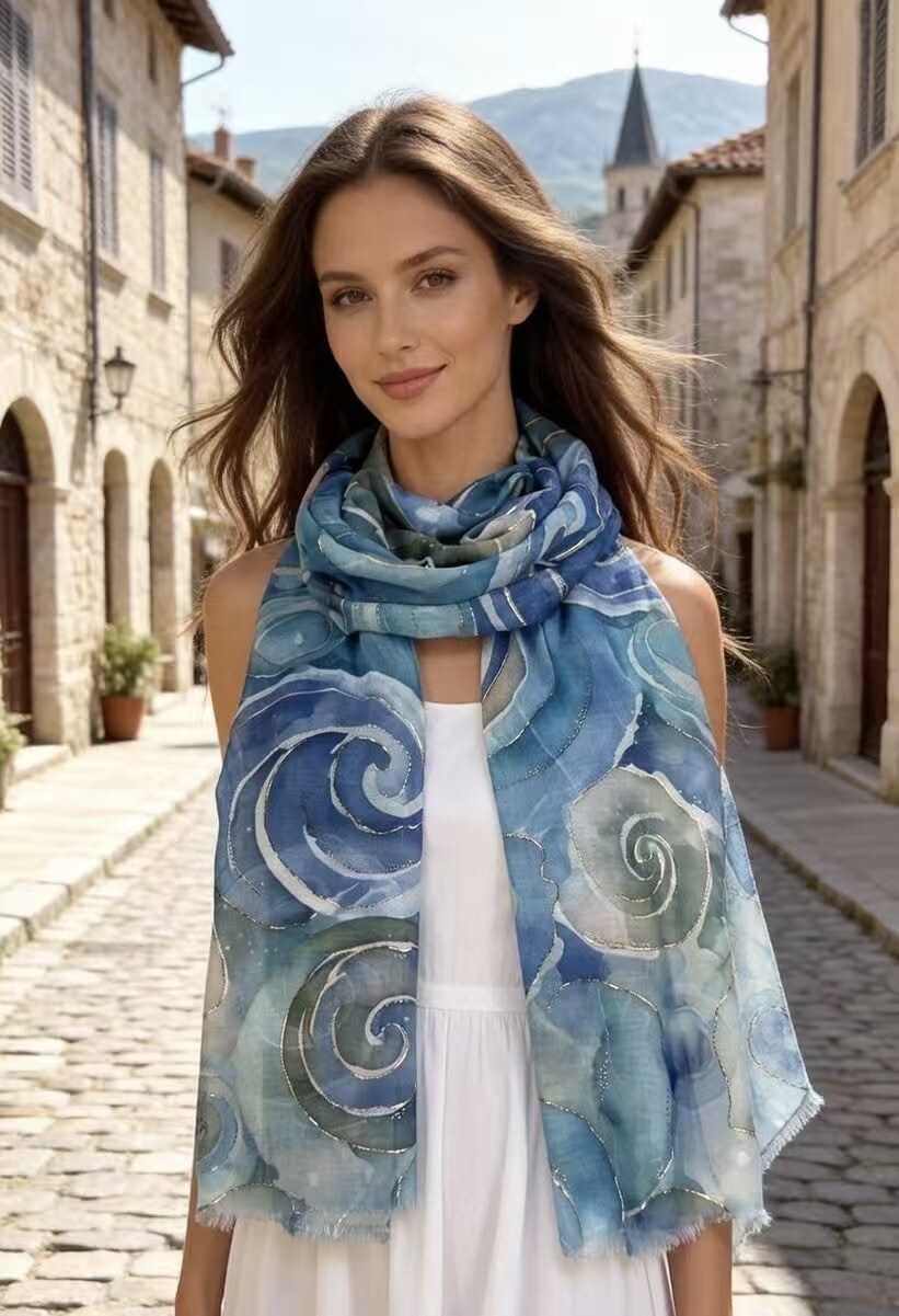 Woman wearing a blue patterned scarf in an Italian street setting