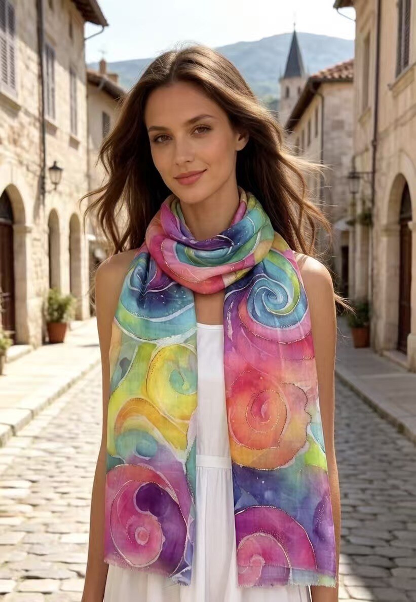 Woman wearing a colorful scarf in an Italian street setting