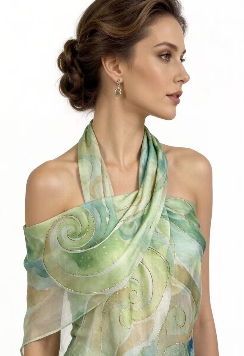 Woman wearing a green and beige patterned scarf on a white background