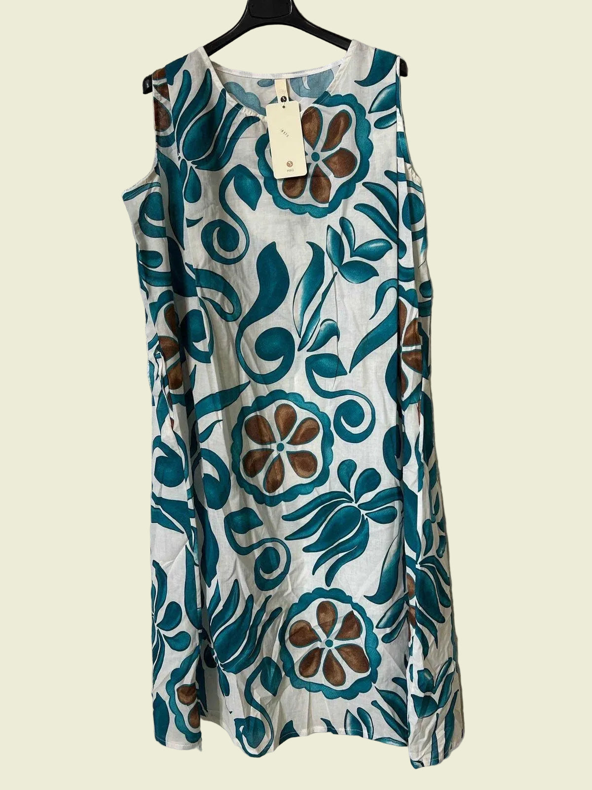 Floral Celadon patterned dress on a hanger