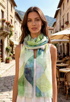 Woman wearing a colorful scarf in an Italian street setting