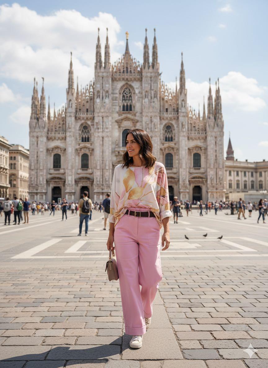Woman walking in front of the Duomo di Milano in Milan, Italy.