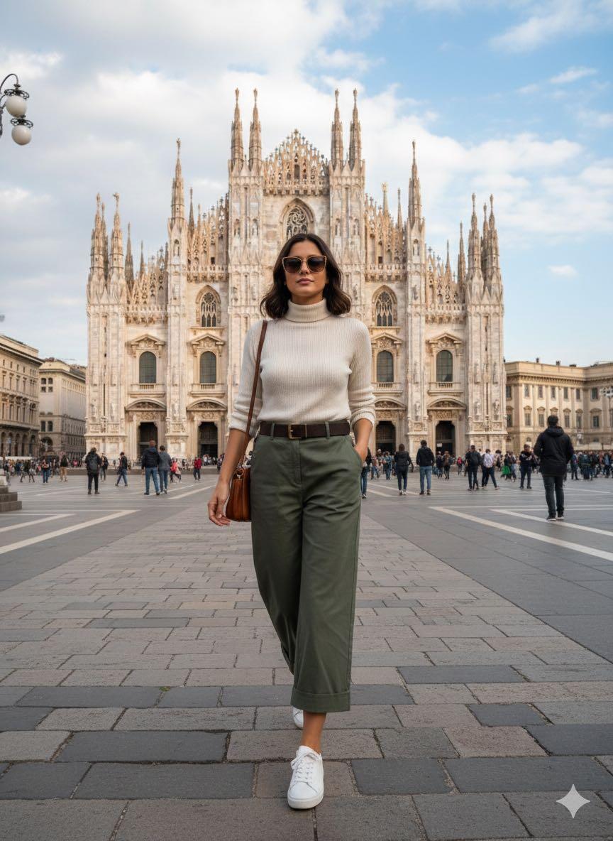 Woman standing in front of a large cathedral with a clear sky.