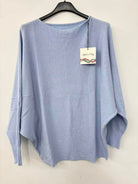 Blue sweater on a hanger with a tag against a white background