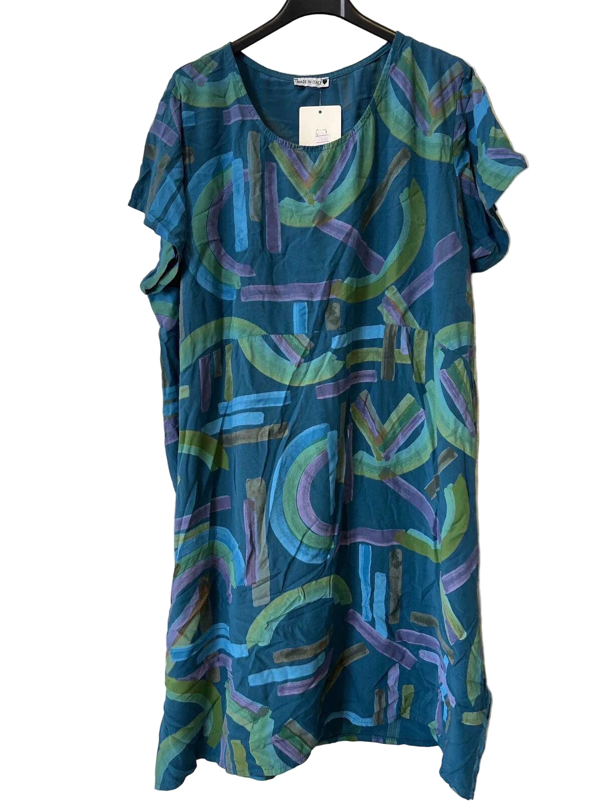 Blue dress with abstract pattern on a hanger 
