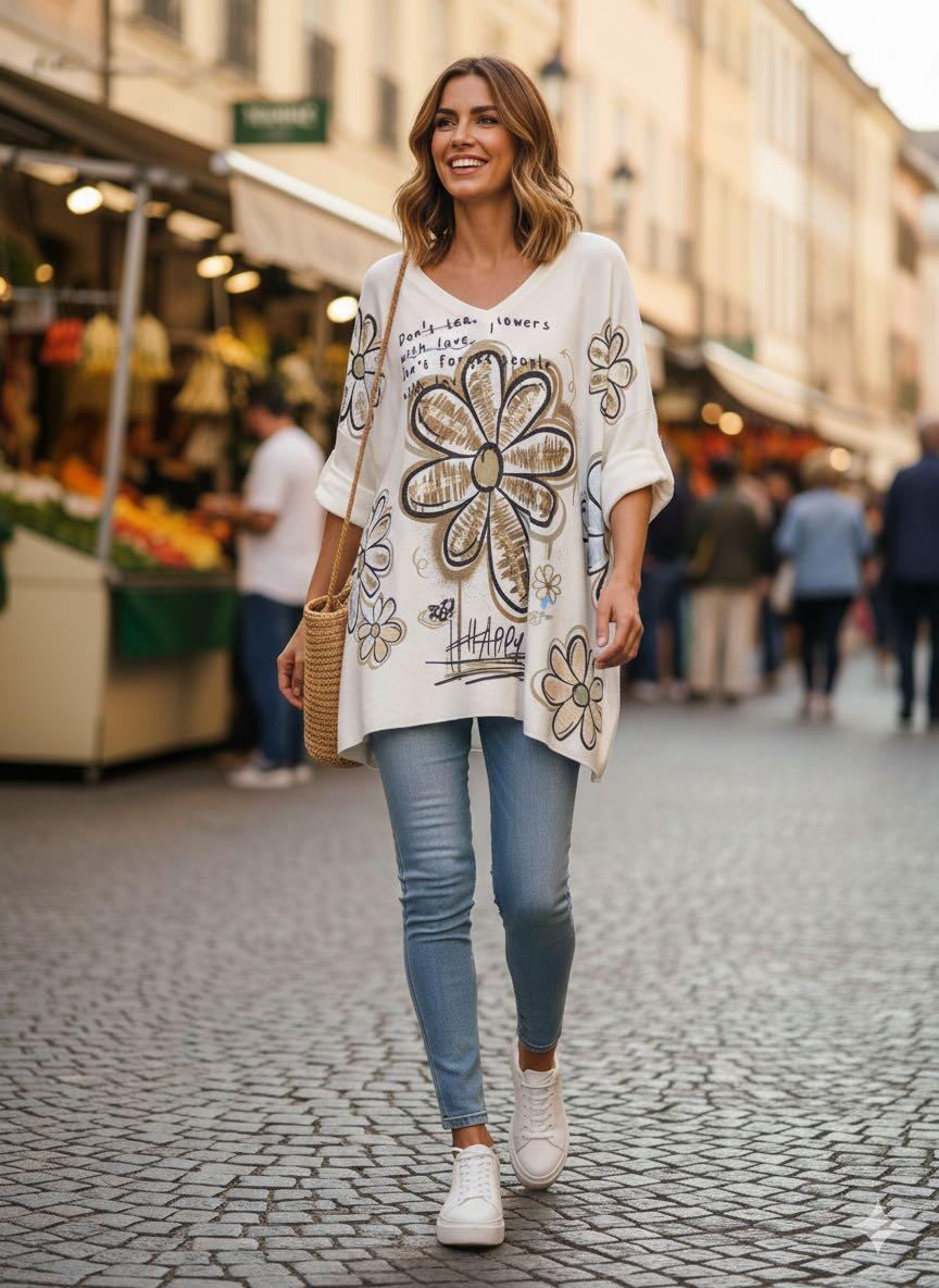 Woman walking on a street wearing a floral-patterned cardigan and jeans.
