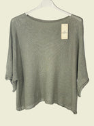Khaki Green sweater on a hanger 